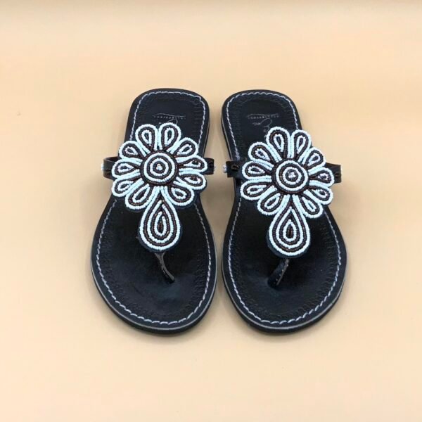 Black And White Floral Leather Sandals